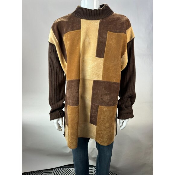 VTG 80s Koman Sport Patchwork Sweater Brown & Tan Ribbed Knit Mens L Blemish - Picture 14 of 16